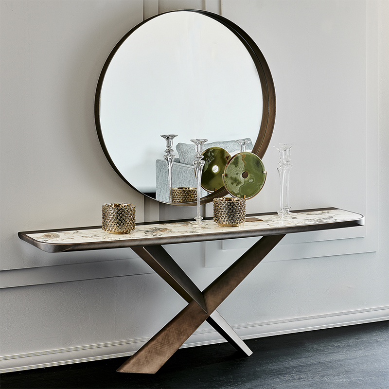 Base in acciaio inossidabile a forma di X italiano moderna console di lusso in pietra tavolo da console superiore in marmo con specchio